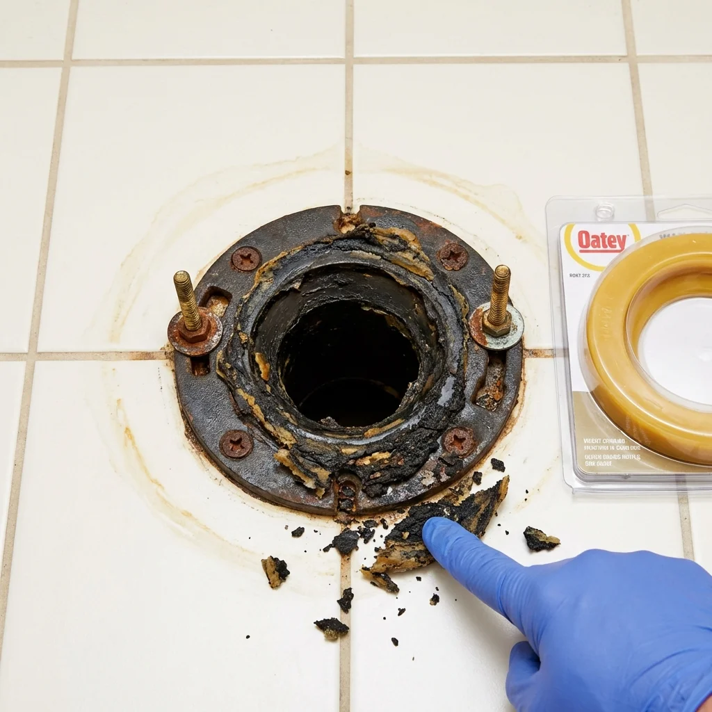Failed wax ring showing water seepage at the base of a toilet in a Saint Paul, IN home