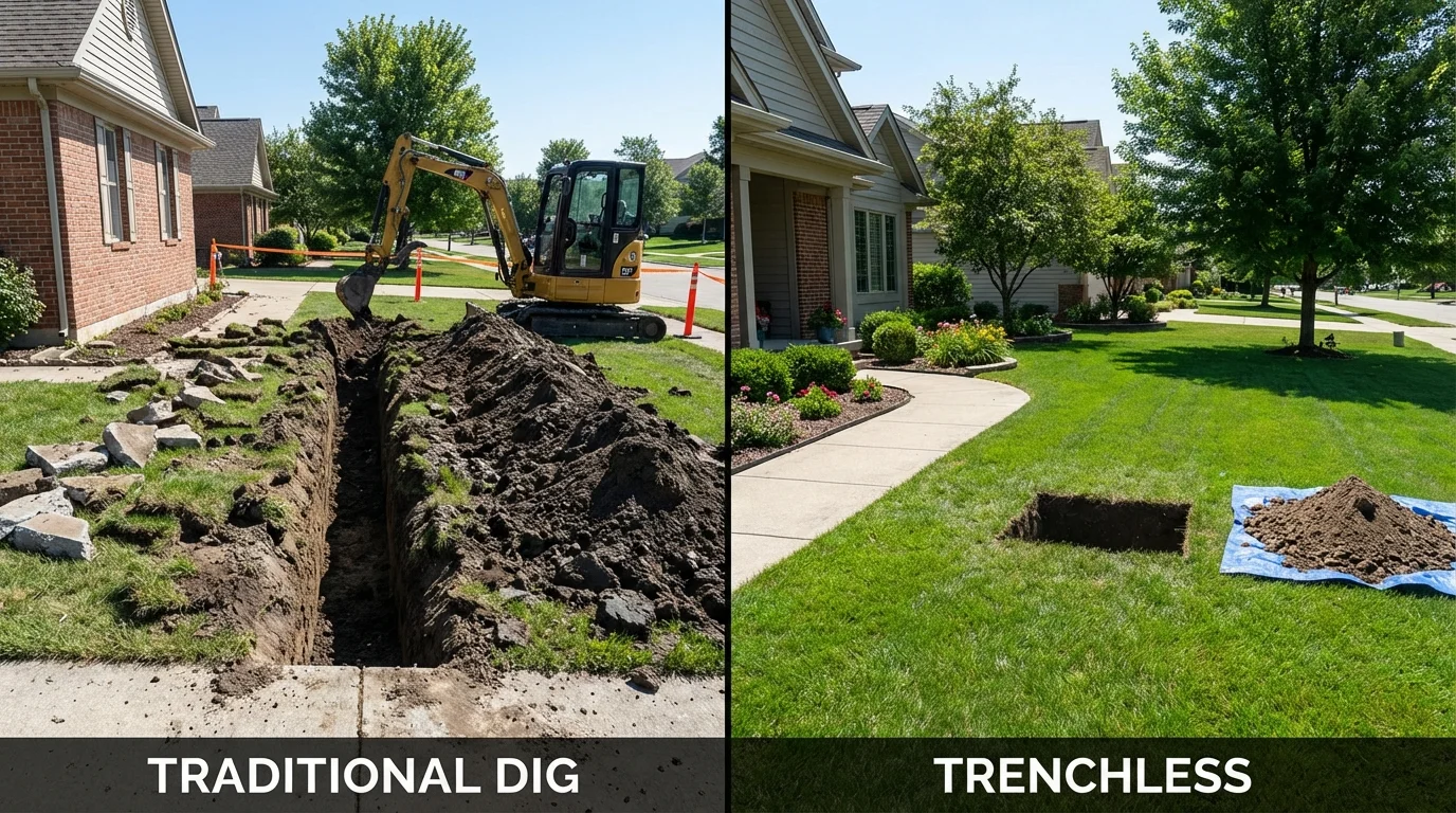 Trenchless sewer repair with minimal yard damage versus traditional excavation in Saint Paul, IN