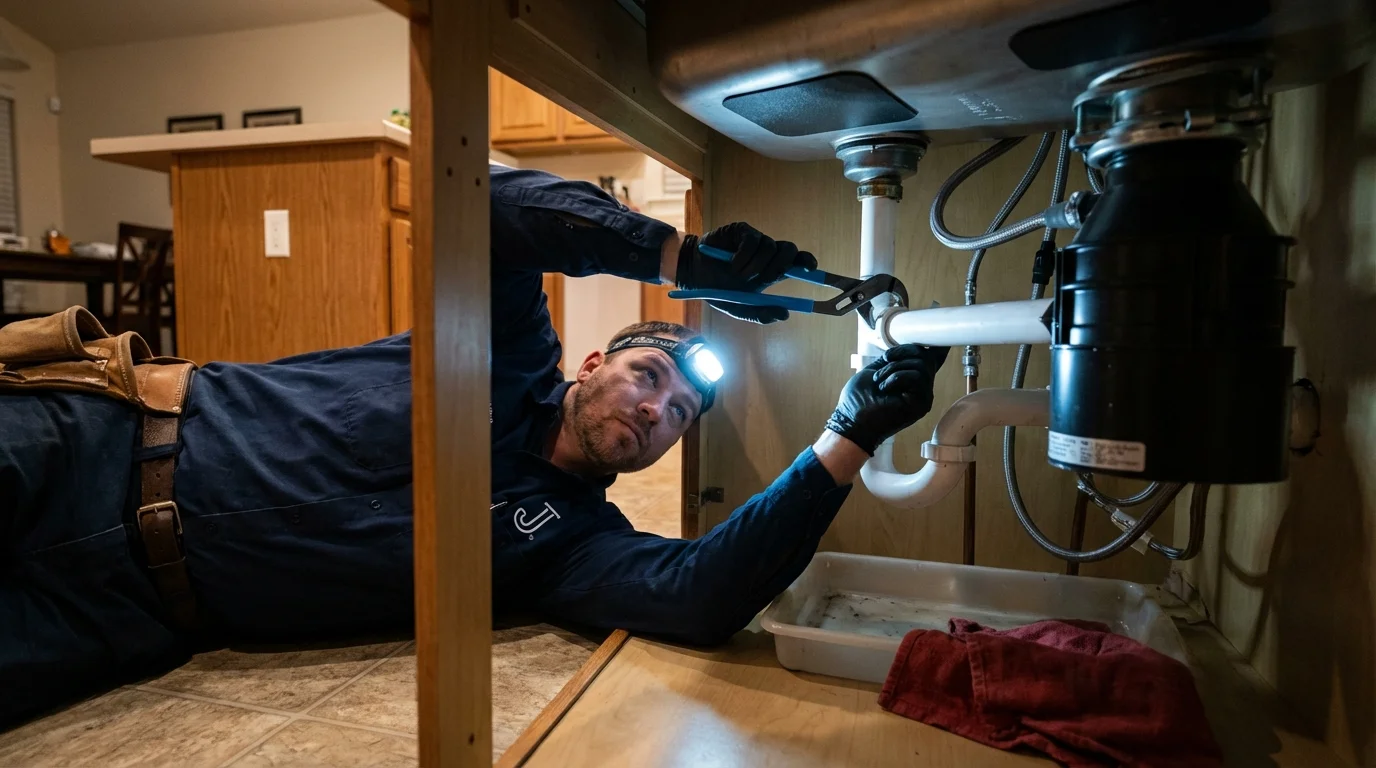 P-trap and supply line connections under a kitchen sink showing a common leak point in Saint Paul, IN